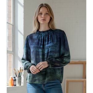 Anthropologie Cloth & Stone Blue Green Watercolor Blouse Size Small Ruffle Neck